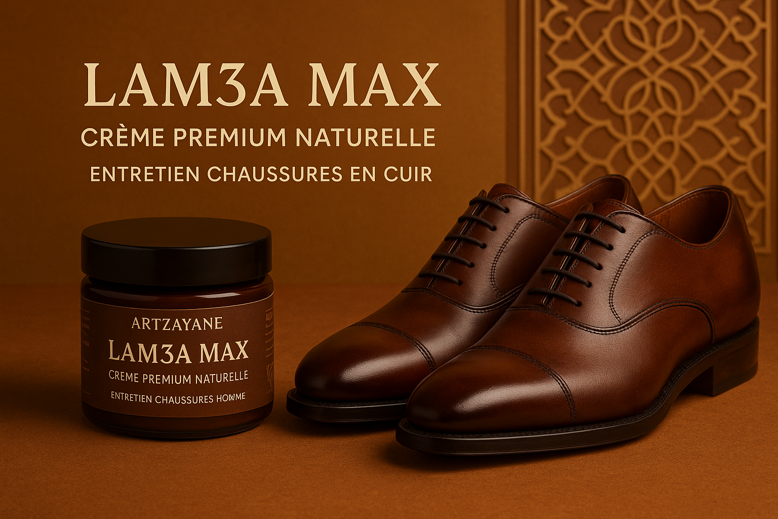 generer image banniere pour ma boutique Artzayane .store one product .vendre un produit  Lam3a max.creme premium naturelle pour entretien des chaussures en cuir pour homme au maroc