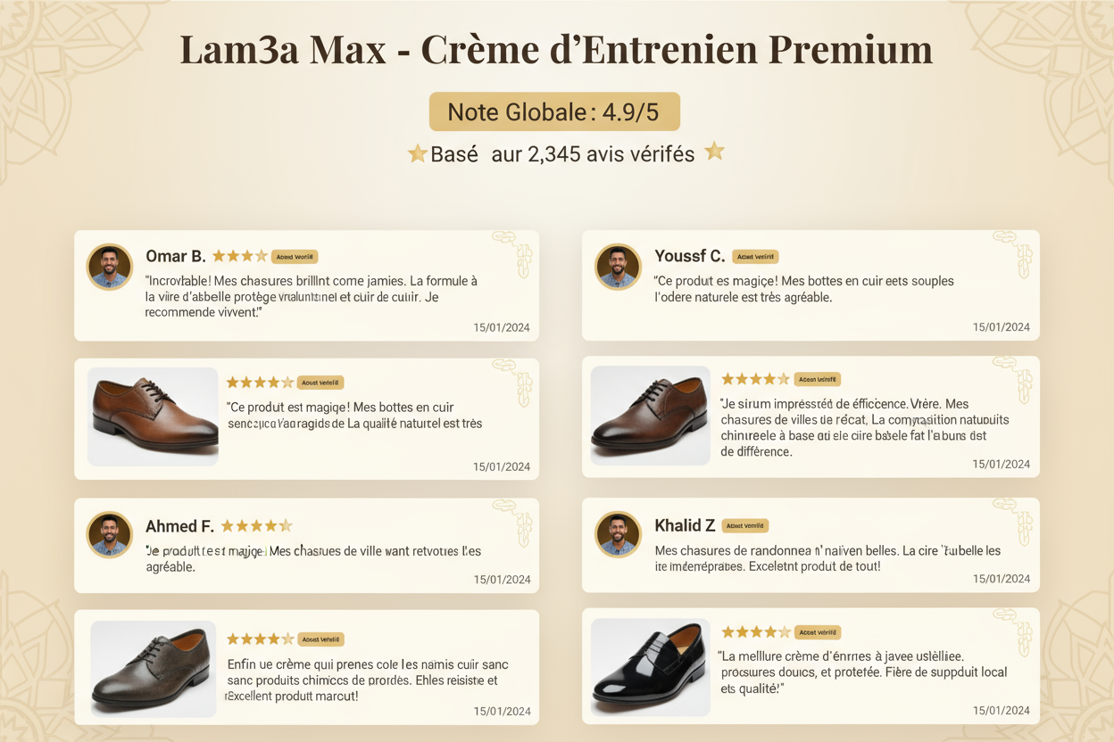 generer une page avis clients qui ont achetes le produit Lam3a Max creme d,entretien pour chaussures hommes au maroc ce produit est fabrique a base de cire d,abeilles 